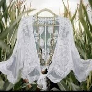 Kimono Sleeve Paisley/Medallion Lace Mesh Tie Front Shrug Swim Cover OSFM